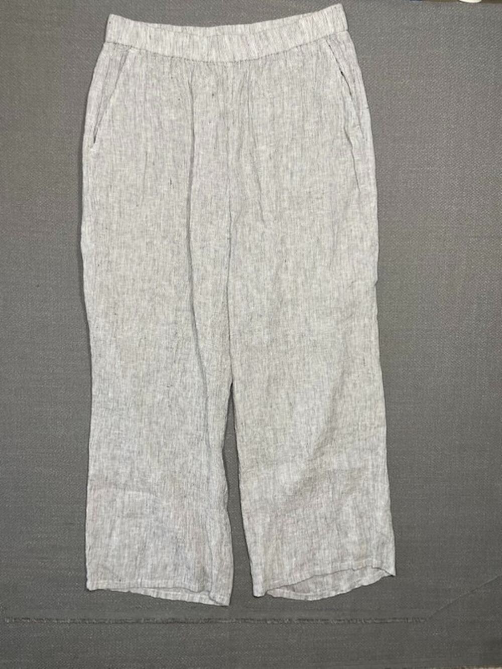 Eileen Fisher Women Gray Black White Striped Linen Elastic Waist Pant Size S